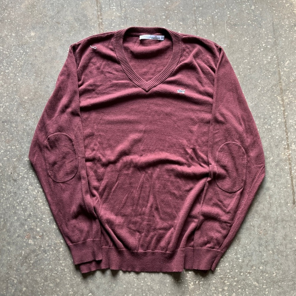 CRIQUET Mens Burgundy V Neck Cashmere Blend Sweater Elbow Patches Golf XL